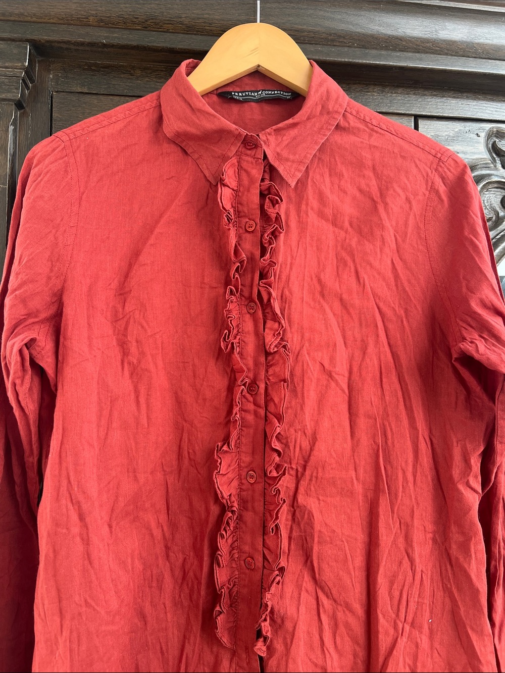 Peruvian Connection Ruffled Front Long-Sleeve Red Blouse - Picture 2 of 5